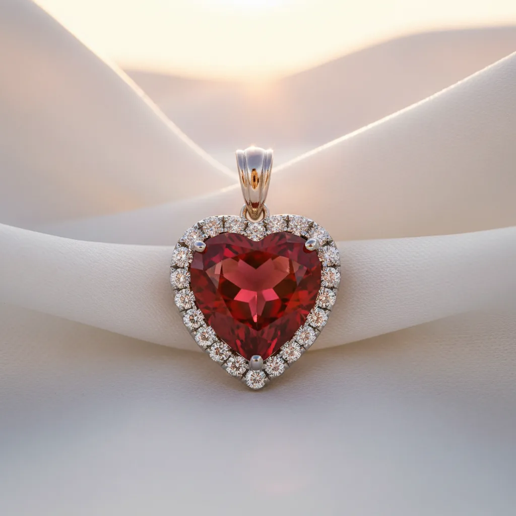 Pendentif rubis forme cœur en or blanc et diamants